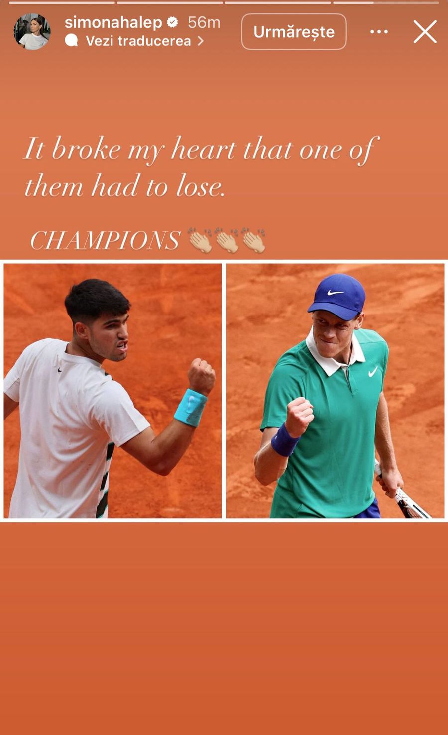 Posting Simona Halep, after the Roland Garros final between Alcaraz and Sinner