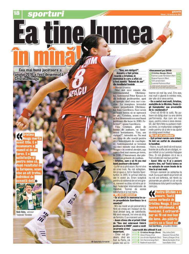 Article about Cristina Neagu when she received the first trophy of the world's best player in 2011