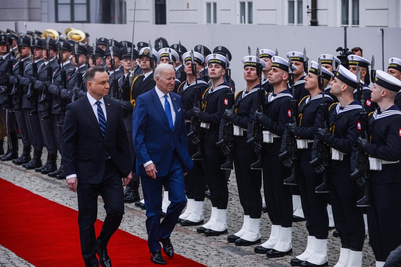 Andrzej Duda, president of Poland, welcomes the then US President Joe Biden in Warsaw, March 26, 2022.