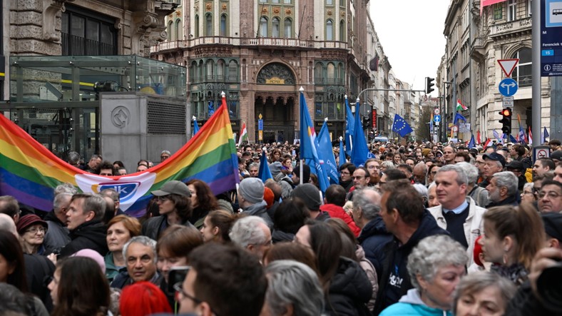 EU and rainbow flags during a protest against the amendment to the Act on Meetings. Budapest, March 25, 2025