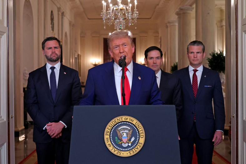 Donald Trump talking about the US attack on Iran, behind him from the left since: Vice President JD Vance, Secretary of State Marco Rubio and defense secretary Pete HegeSth, White House, June 21, 2025.
