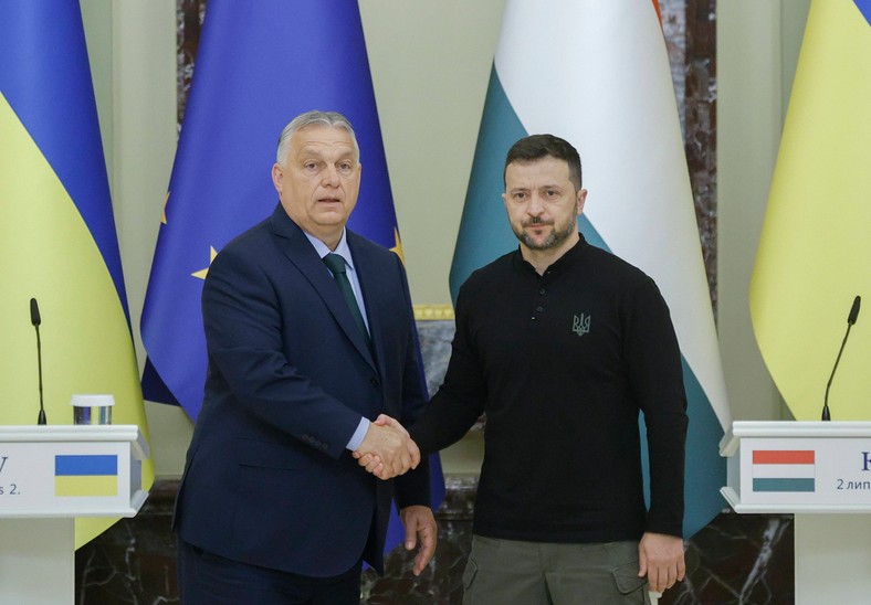 Viktor Orban, the Prime Minister of Hungary, and Wołodymyr Zelnski, President of Ukraine after a joint press conference. Kyiv, July 2, 2024