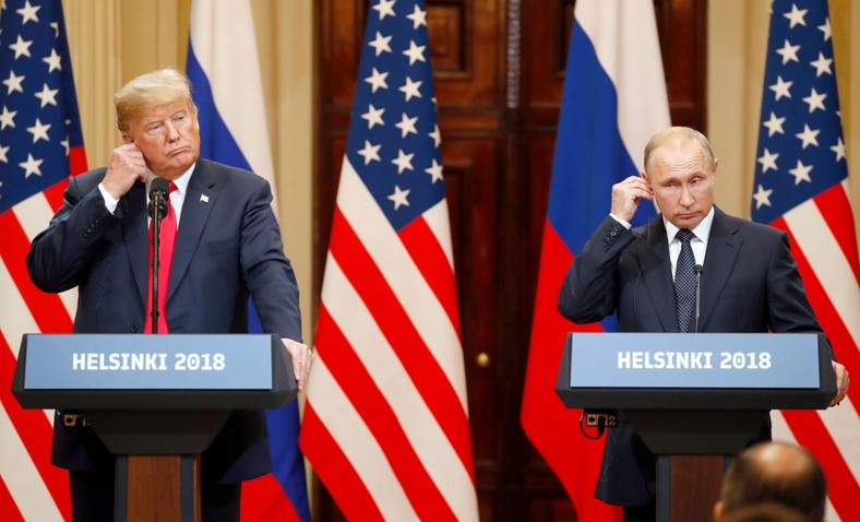 Donald Trump and Vladimir Putin during a press conference in Helsinki, July 16, 2018.