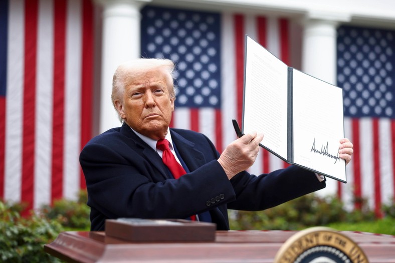 President Donald Trump with a signed decree introducing new "mutual" duties towards US trading partners in "Day of liberation"Washington, USA, April 2, 2025.
