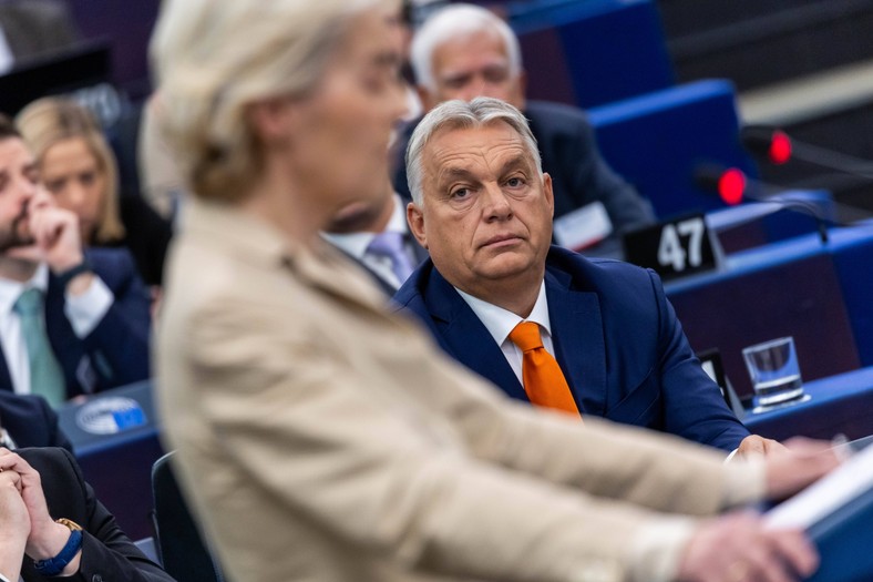 Hungarian Prime Minister Viktor Orban observes the speech of the chairwoman of the European Commission Ursula von der Leyen in the European Parliament. Strasbourg, October 9, 2024
