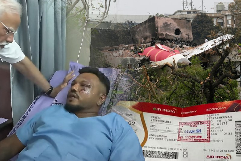 Vishwash Kumar Ramesh, the only survivor of Air India flight that collapsed on Thursday. Collage: Ion Mateș / Hotnews. Photo: Profimedia