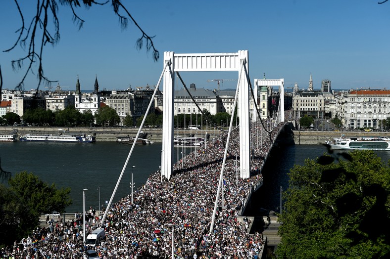 People gather on the 30th Equality March in Budapest, Hungary, June 28, 2025.
