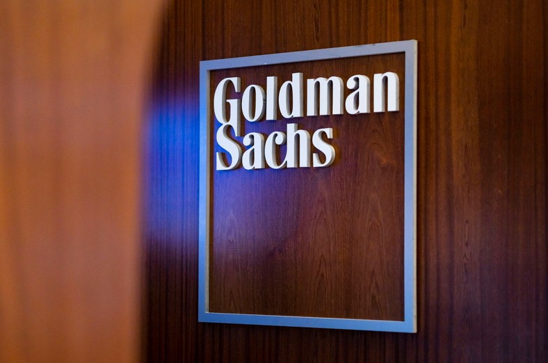 A plaque with the name Bank Goldman Sachs on the dance floor of the New York Stock Exchange in New York, USA, January 18, 2022.