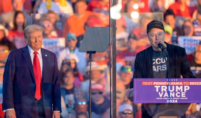 Donald Trump and Elon Musk at the election rally at the Bulter Farm Show in Pennsylvania, October 5, 2024.