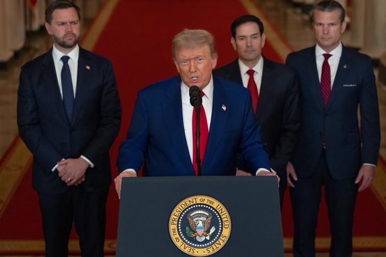 US President Donald Trump with US Secretary of Defense Pete HegeSthem, US vice president JD Vance and US Secretary Marco Rubio gives a speech after an American attack on Iranian nuclear objects in the White House in Washington, June 21, 2025.