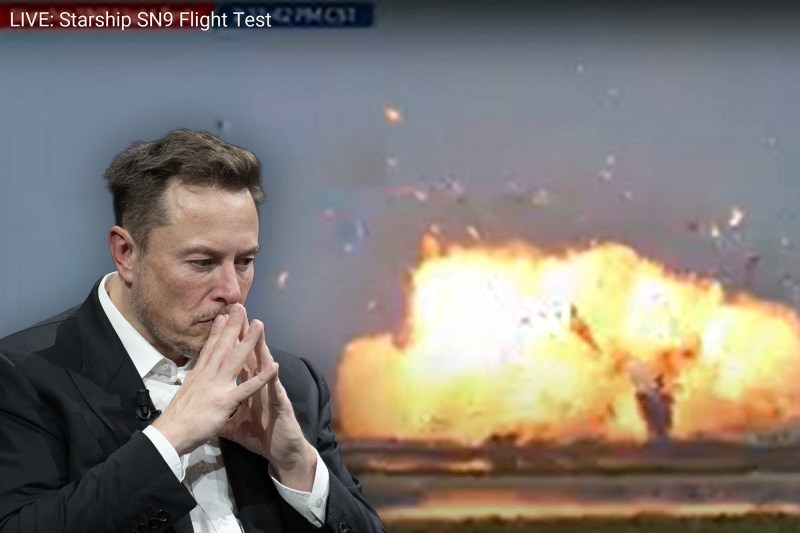 Elon Musk and the explosion of a SN9 missile near Boca Chica, Texas, February 2, 2021. Colaj: Ion Mateș / Hotnews. Photo: Dreamstime, AFP Photo / Spacex