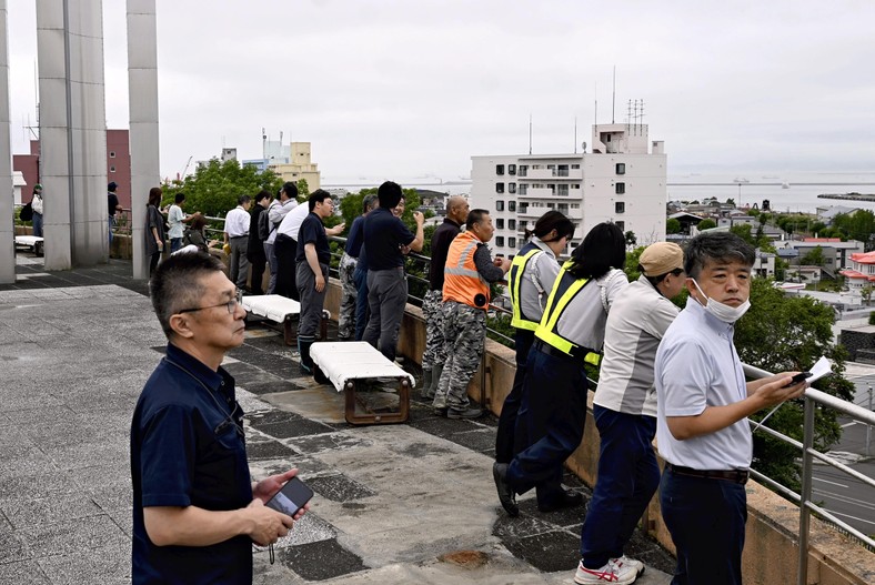 People gathering on the roof of the building in the city of Kushiro
