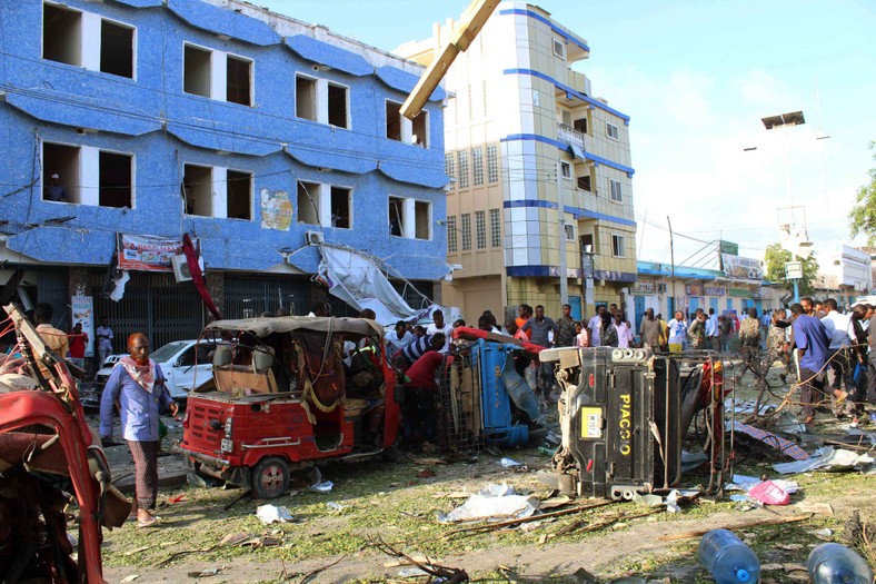 Destruction after the explosion of a car bomb in the center of Mogadiszu in Somalia, on March 23, 2018, a local group of Al-Szybaab fighters, associated with Al-Qaeda, admitted to the attack
