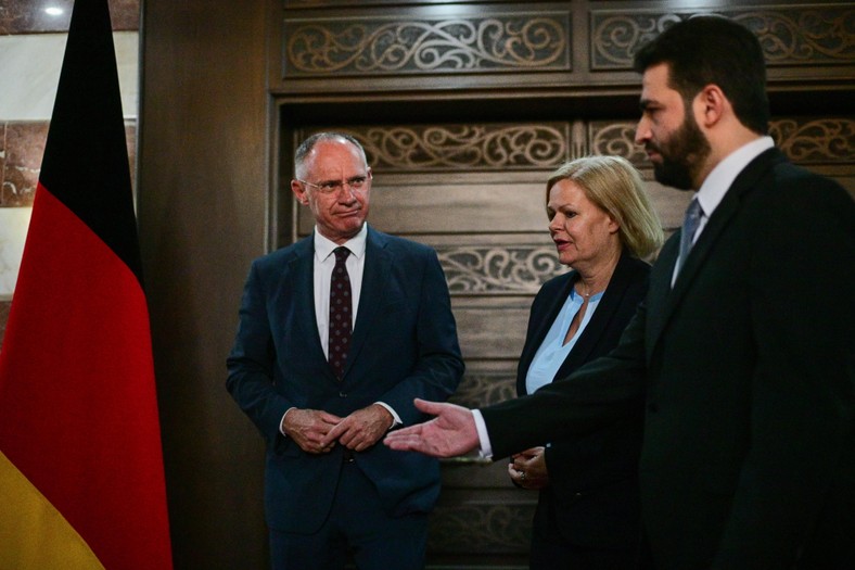 Interior Minister of Austria Gerhard Karner, after the interior minister of Germany Nancy Faeser and the Interior Minister of Syria Anas Chattab during a visit to Damascus, April 27, 2025.