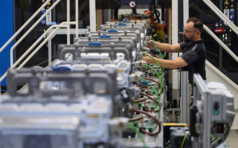 Part of the production unit production process of CLA Mercedes electric cars at the factory in Untertuerkheim in Stuttgart, Germany, June 30, 2025, the German automotive industry, which largely exports its products to the USA, is particularly vulnerable to the effects of duties imposed by Donald Trump
