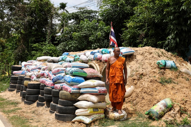 A monk near the pain shelter during the escalation of the dispute between Thailand and Cambodia in the province of Surin, Thailand, July 25, 2025.