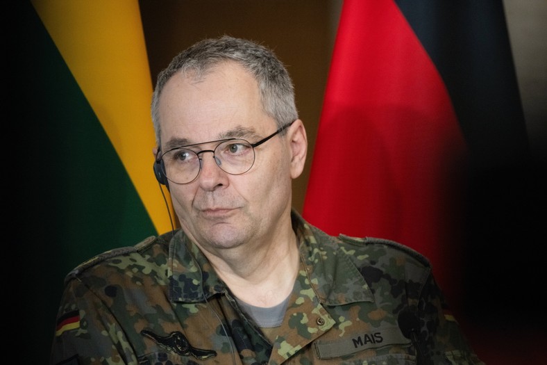 Gen. Lieutenant Alfons Mais at a press conference at the airport in Vilnius, April 8, 2024.