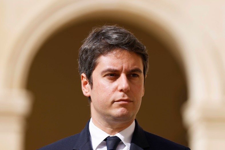 Former French Prime Minister Gabriel Attal during state ceremonies in honor of the deceased French politician and Admiral Philippe de Gaulle, son of Charles de Gaulle, at the Hotel Inwalidów in Paris, France, March 20, 2024.