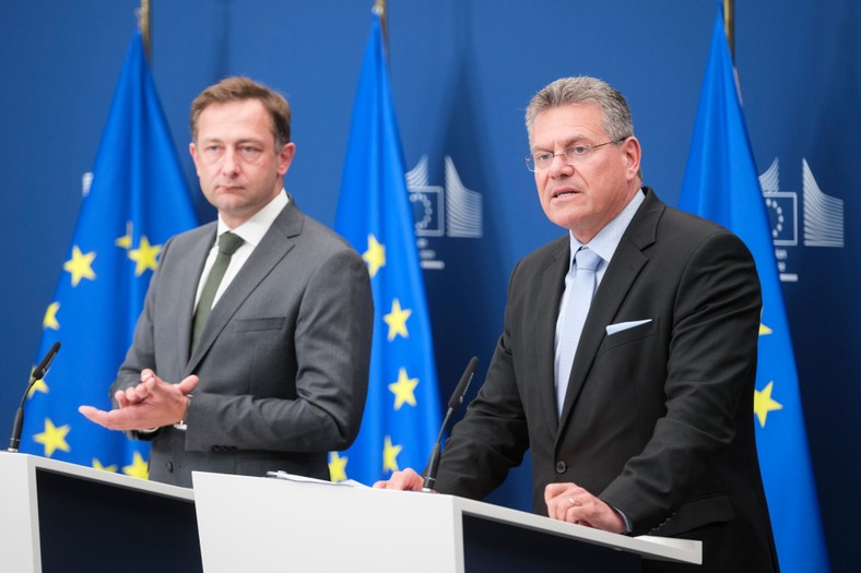 EU Commissioner for Agriculture and Food Christophe Hansen and EU Commissioner for Trade Maros Sefcovic at a conference at the headquarters of the European Commission in Brussels, Belgium, June 30, 2025.