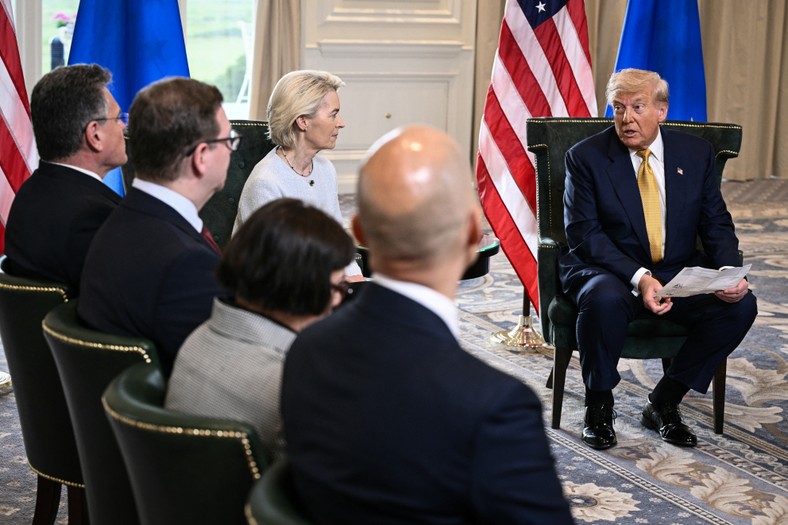 US President Donald Trump and chairwoman of the European Commission Ursula von der Leyen after agreeing on the trade agreement at Turnberry, Scotland, July 27, 2025.