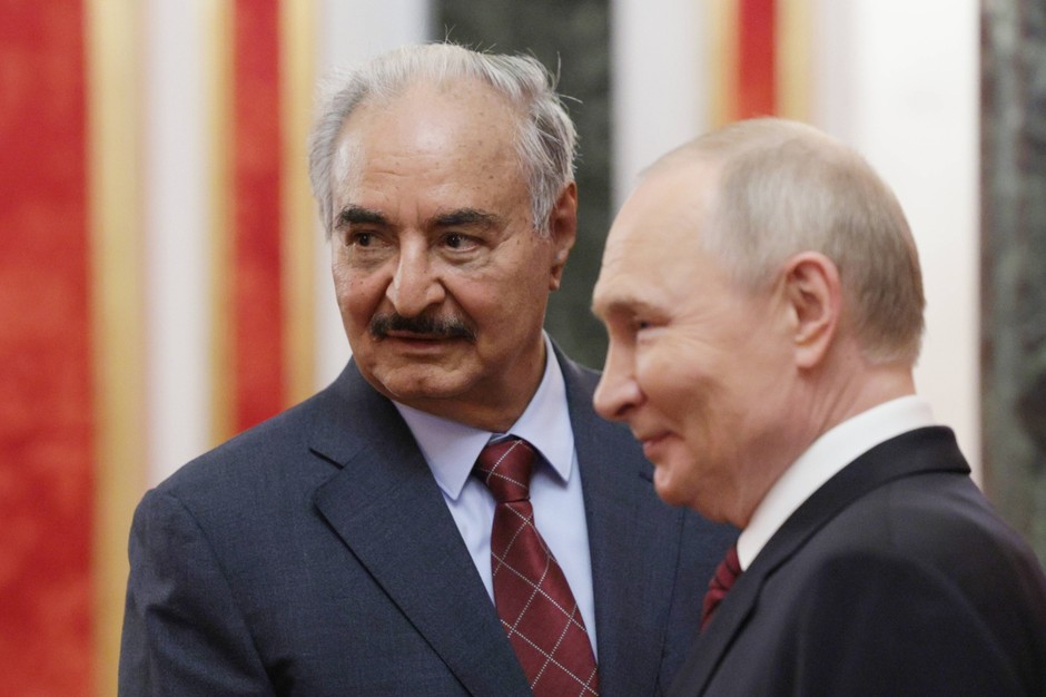 Russian President Vladimir Putin meets the commander of the Libyan National Army Chaliph Haftar in the Kremlin in Moscow, Russia, May 10, 2025.