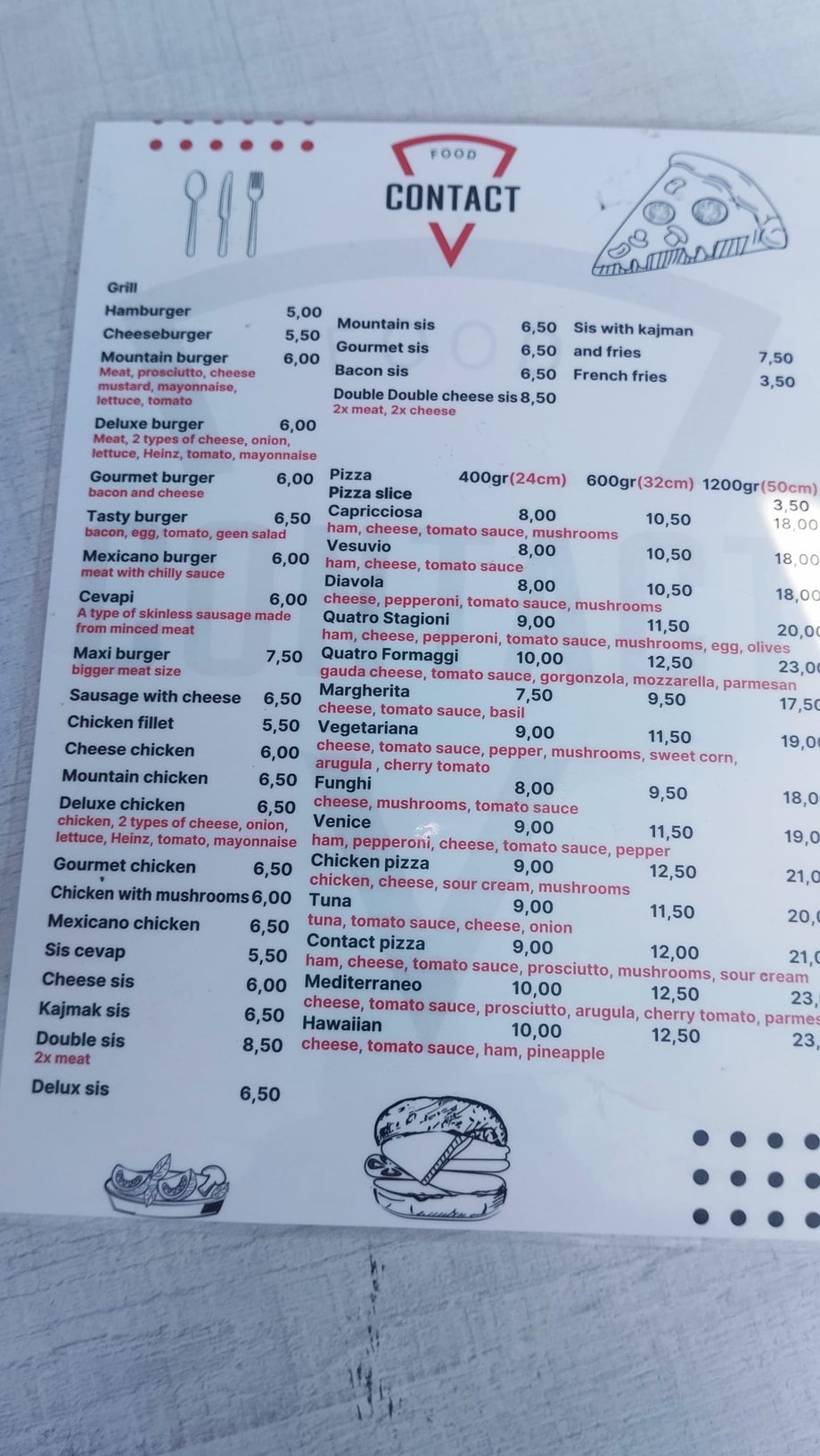 Prices in a fast food in Kotor