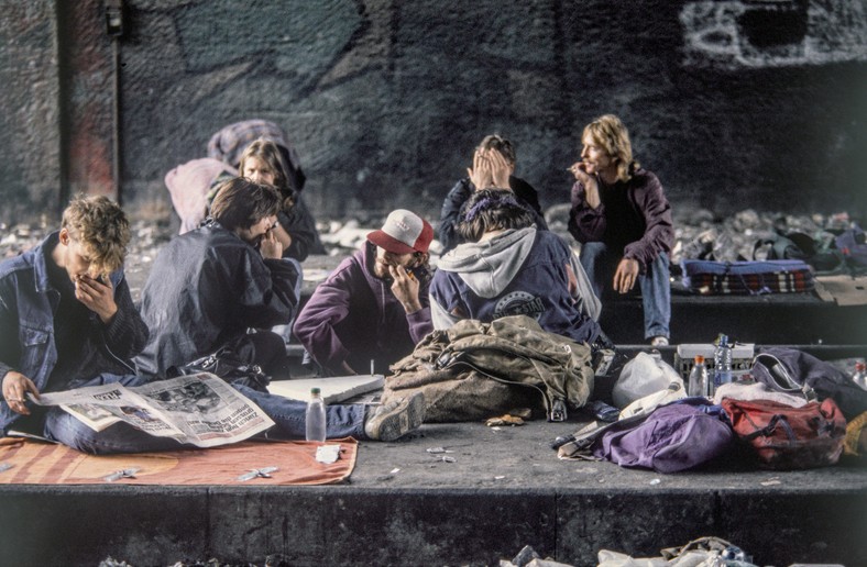 Drug scene at the former Letten railway station in Zurich. At peak moments, over a thousand people who abuse drug "Needle park"Switzerland, August 1994