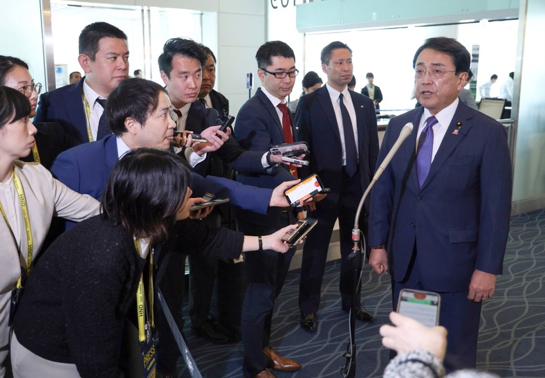 The Minister of Economic Navigation of Japan Ryosei Akazawa (P) before departure to the United States at Haneda airport in Tokyo, Japan, April 30, 2025.