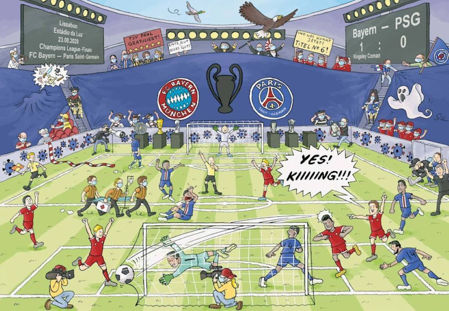 Illustration from the final of the 2020 League, won by Bayern by 1-0 in front of PSG Thomas Muller amused on account of Messi and Neymar in his children's book
