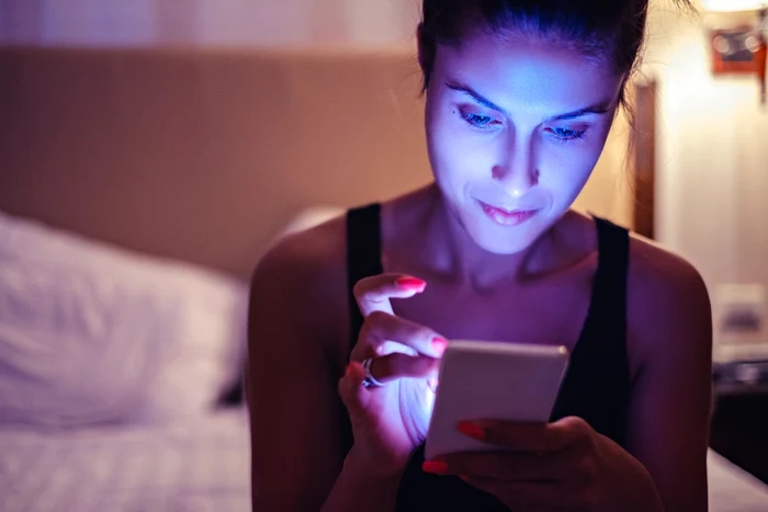 Woman, phone, smartphone, evening, blue light phone, orange nails