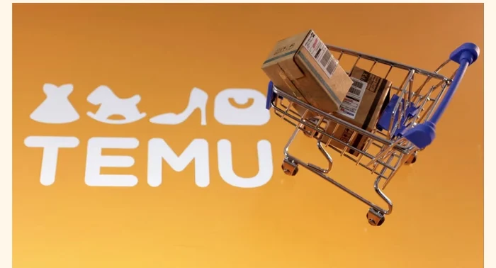 Shopping basket full of parcels next to the Temu logo and lettering