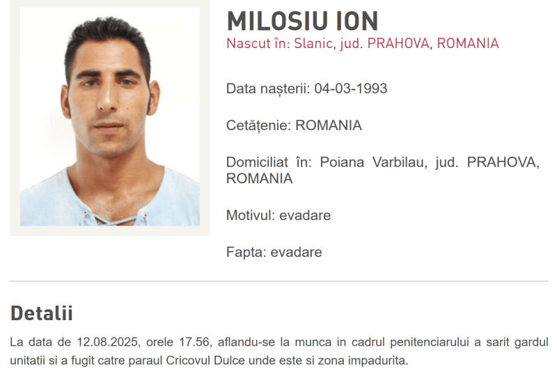 The searches were extended in the case of the detainee who escaped from a penitentiary in Dâmboviţa