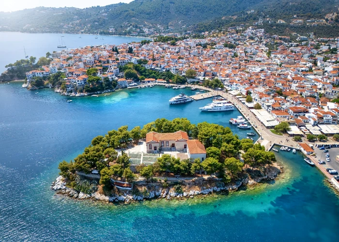 Air Panorama with one of the emblematic areas of Skiathos Greece Aerotravel