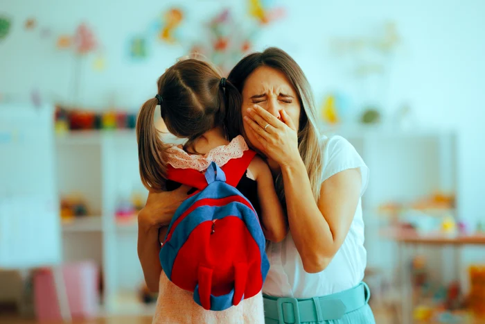 First day of school, little girl, mother