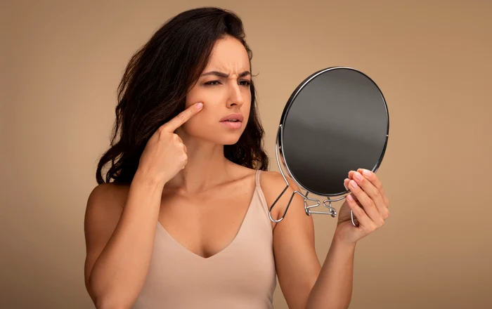 woman, mirror, face