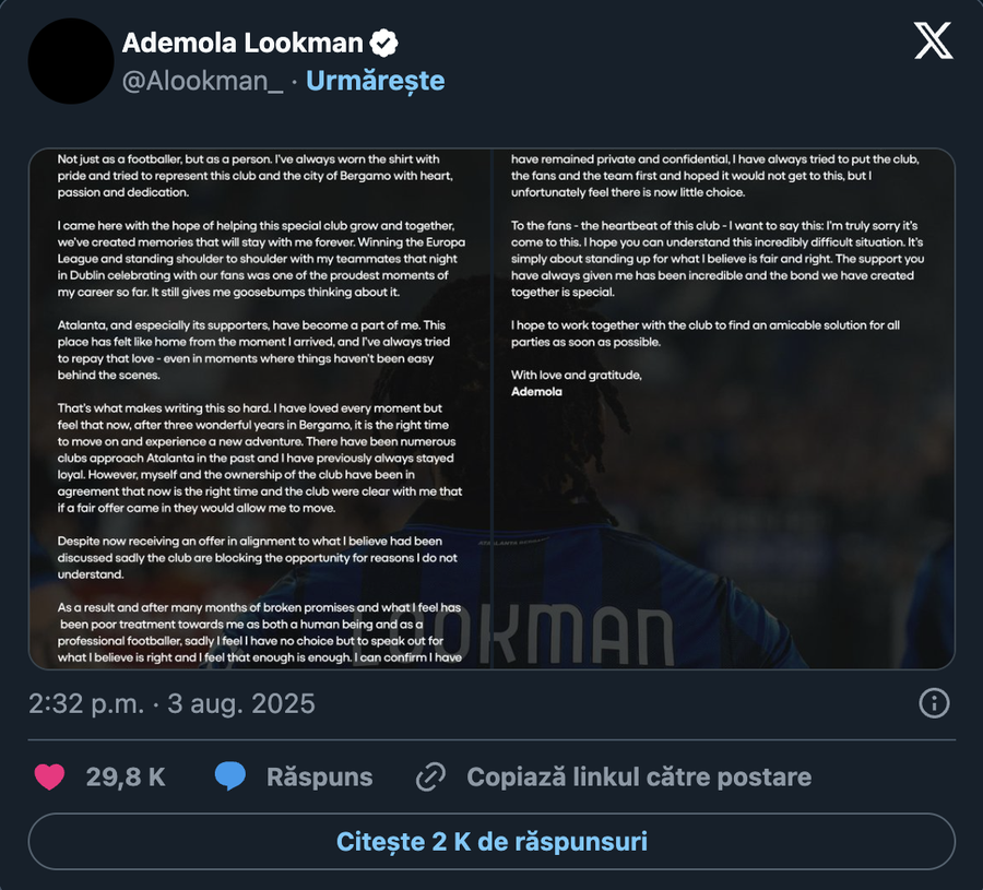The message posted by Ademola Lookman on his Ademola Lookman accused the heads of Atalanta and explicitly asked the transfer to Inter with an official letter: