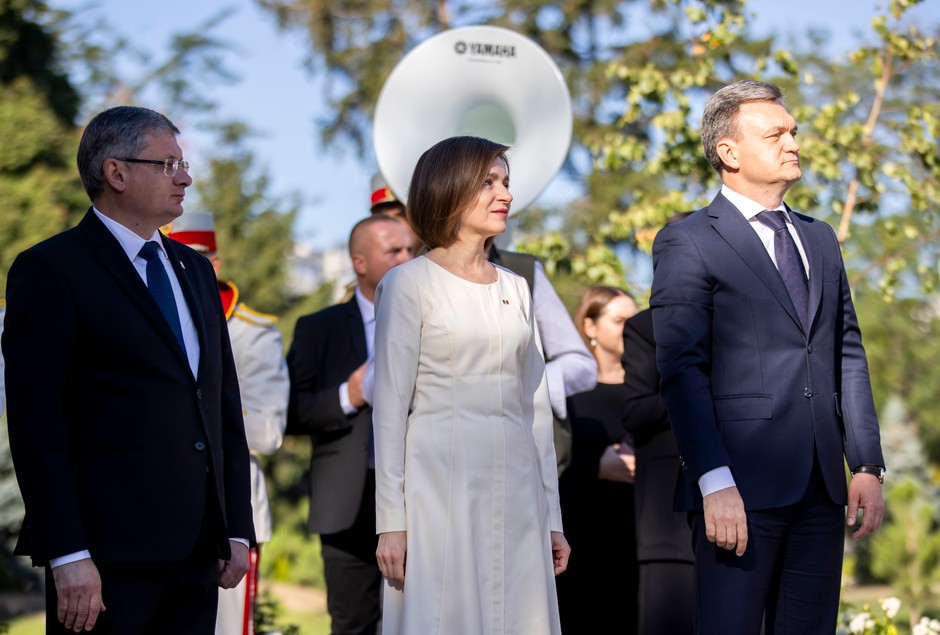 In the photo from the left: Chairman of the Moldova Parliament Igor Gros, President of Moldova Maia Sandu and Prime Minister Moldova Dorin Recean during the ceremony at the monument to the Maic Indurerat on the occasion of Independence Day of the country, Chisini, Moldova, 27 August 2025.