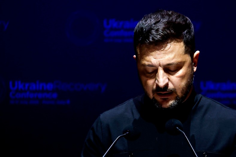 Wołodymyr Zelnski, the president of Ukraine, gives a speech during a conference on the reconstruction of Ukraine in Rome, on July 10, 2025.