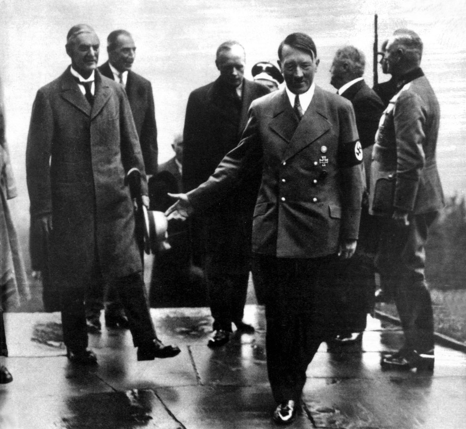 British Prime Minister Neville Chamberlain and Adolf Hitler in Munich, September 1938.