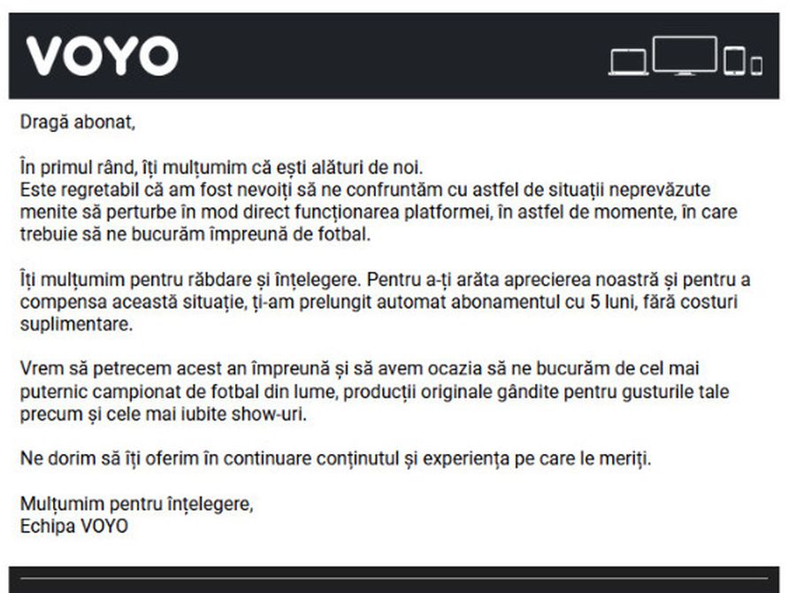 The message received by Voyo users No one expected it! »The message that Voyo subscribers have received today after the Drita - FCSB disaster
