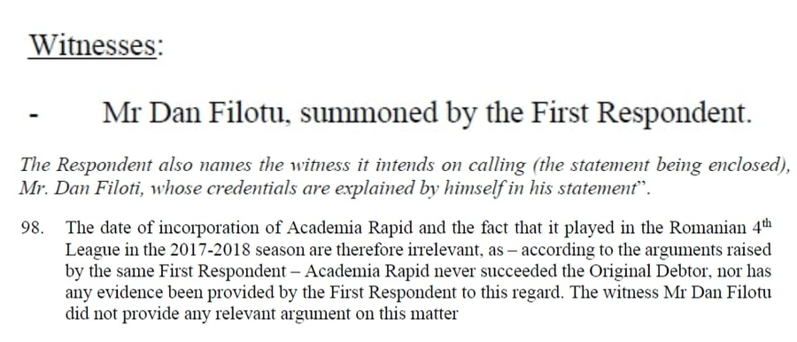 The passages from the TAS documents that indicate the involvement of Dan Filoti in the file TV moderator, witness for Rapid at Tas to not give the money to Craiova! »