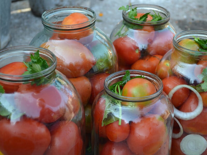Add this to banks - and canned tomatoes will be fragrant and tasty. Recipe without sterilization