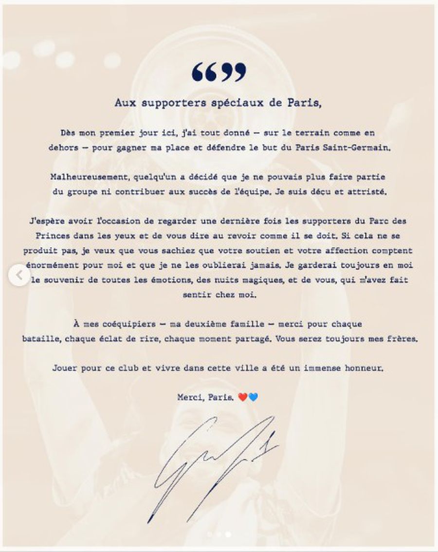Donnarumma's farewell letter for PSG's fans 