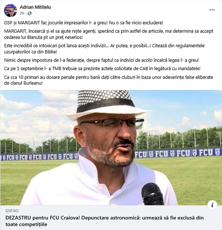 Mititelu's post Grosolan skid of Adrian Mititelu! Amenințări către un jurnalist GSP: „O să te scuip în văzul tuturor! Să arzi în flăcări, nenorocitule!”