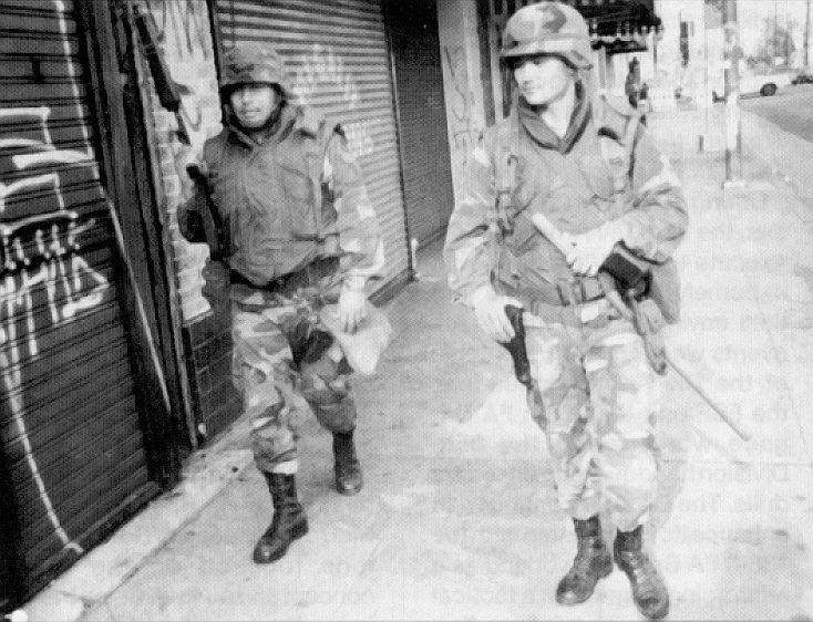 Members of the National Guard patrolling the streets of Los Angeles