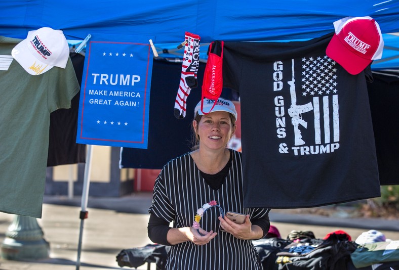 Supporter Donald Trump sells campaign gadgets. November 2, 2020, Solvang, California