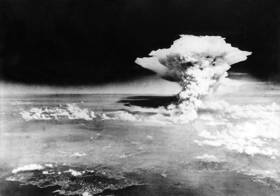 An explosion of an atomic bomb over Hiroshima, August 6, 1945.