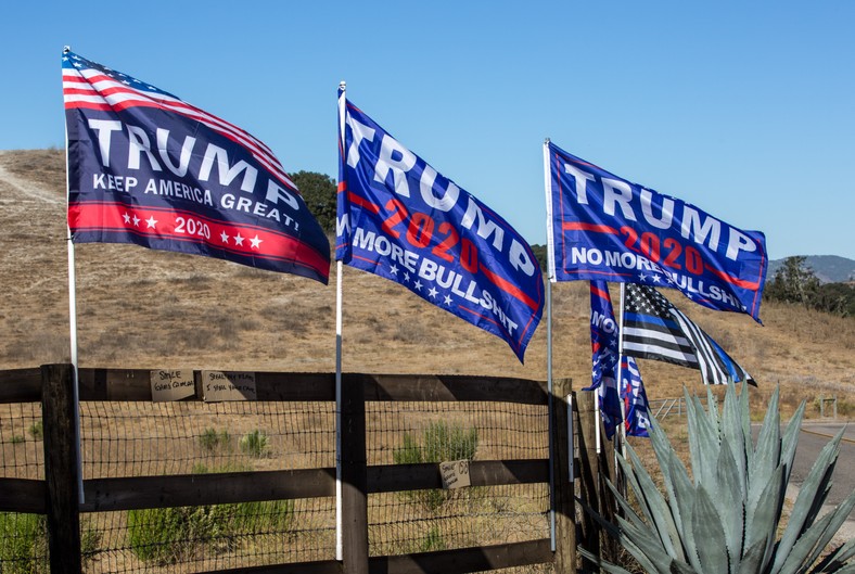 Flags of Donald Trump's supporters. November 2, 2020, Solvang, California