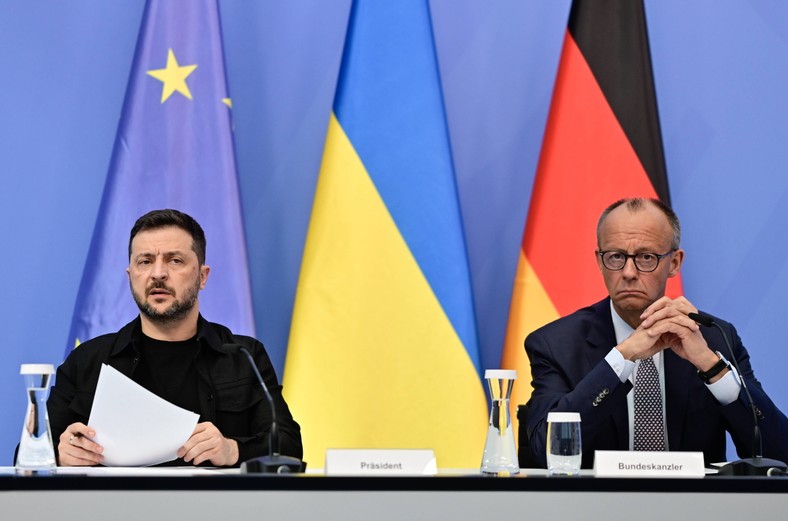 The President of Ukraine Wołodymyr Zielnski and German Chancellor Friedrich Merz participate in an online meeting with other European leaders, Berlin, Germany, 13 August 2025.