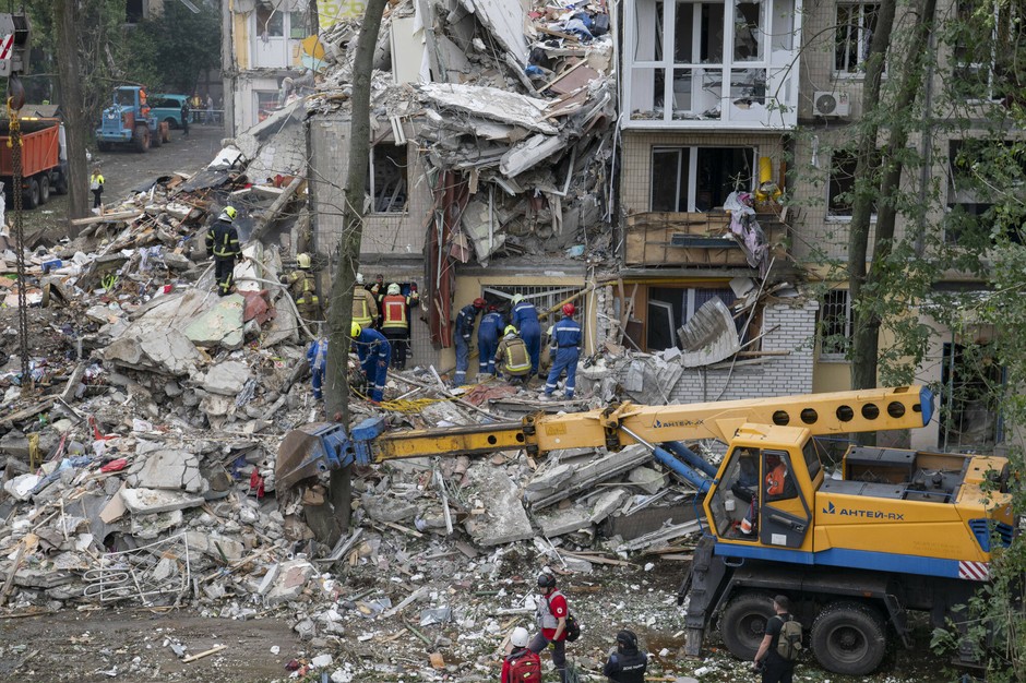 Damaged apartment block after the Russians' attack